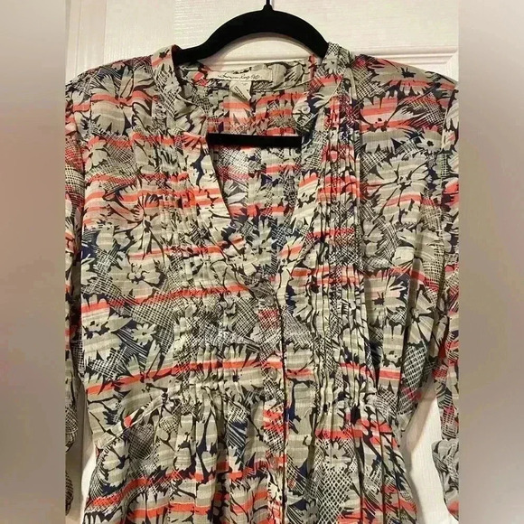 American Rag Pleated Smocked Button V Neck Tie Flowy Peasant Top Floral Size M - Picture 2 of 10